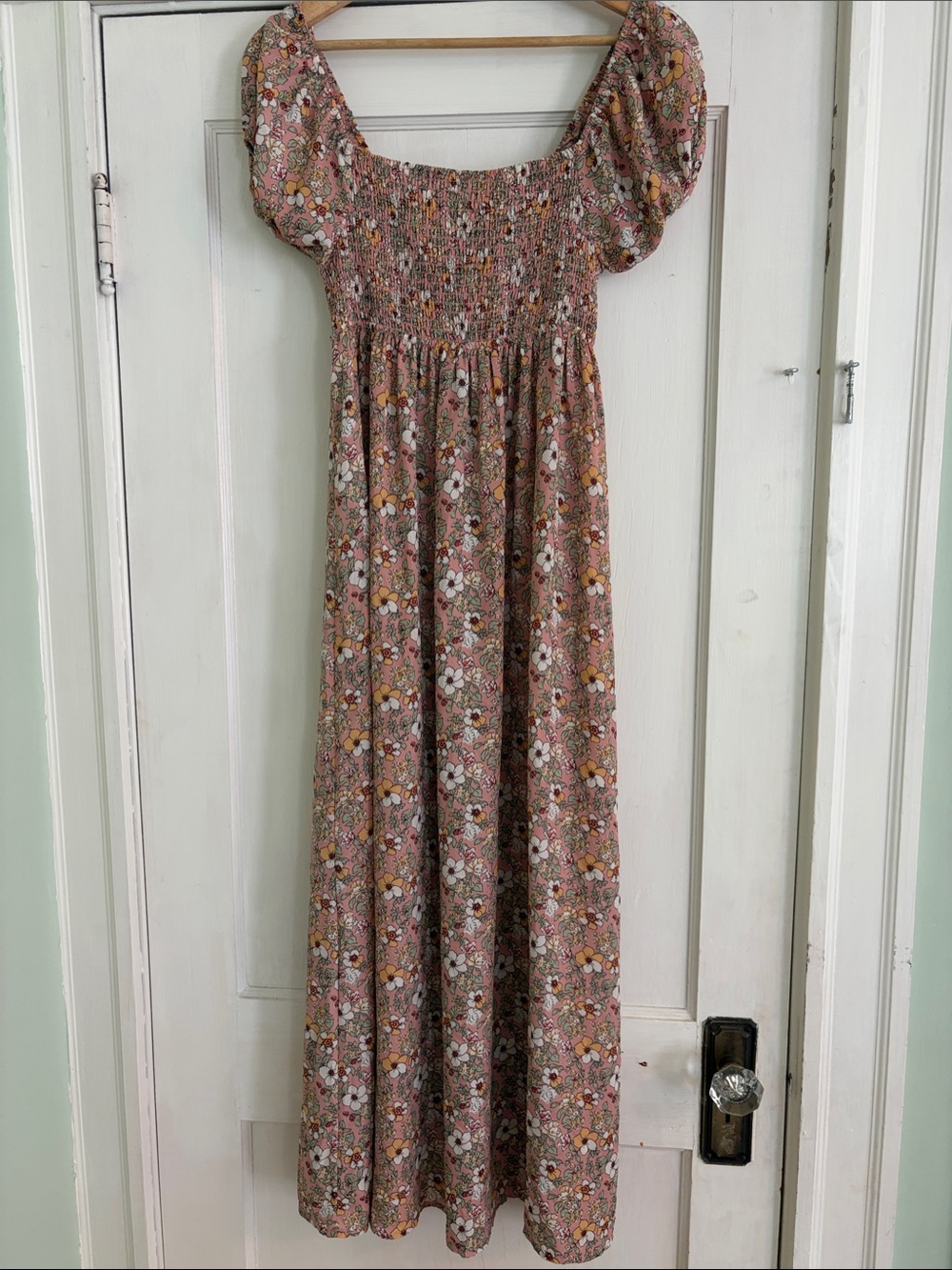 Smocked Floral Maxi Dress in Dusty Pink